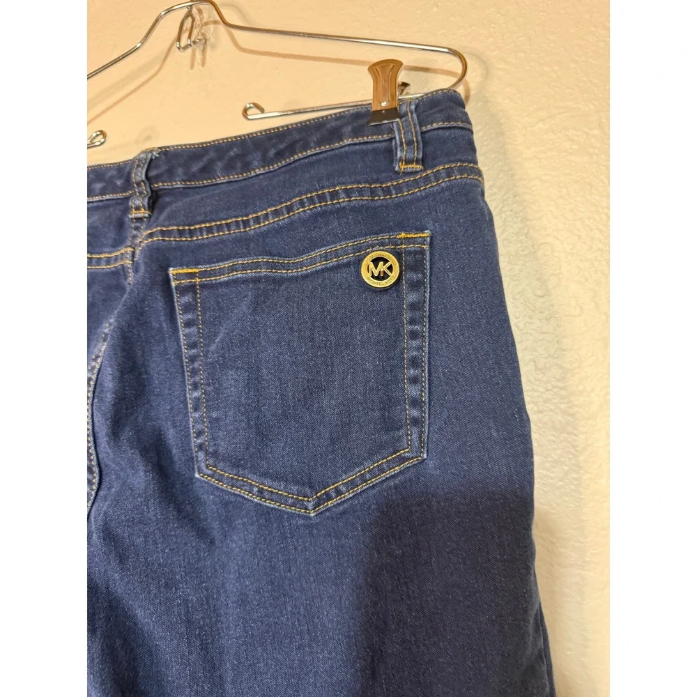 Michael Kors Womens Dark Wash Cropped Capri Jeans Blue Gold Logo Size 10